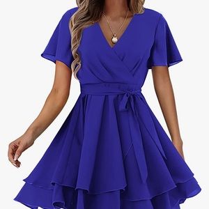 Amoretu Womens Casual Short Sleeve Wrap V Neck Ruffle Mini Dress